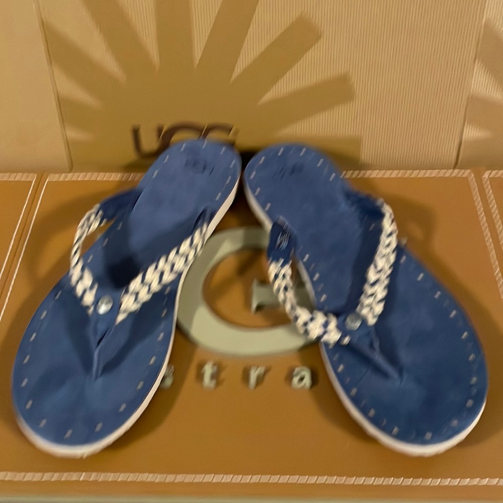 New Women’s UGG NAVIE II Marino Blue Leather Sandal Flip Flop
